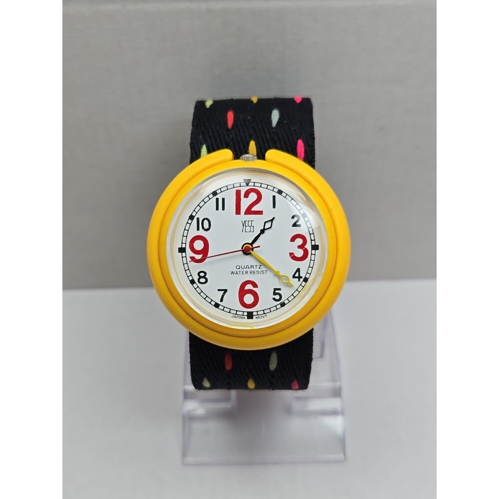 Vintage Retro Yess Yellow Watch New Battery Red Numbers Polka Dot Strap Funky